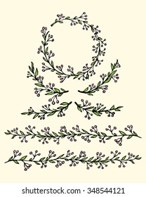 Hand drawn colorful wreath, borders and laurels graphic set made in vector. Beautiful floral design elements, stamp effect.