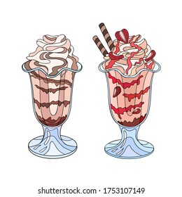 Hand drawn colorful  yummy summer food in a glass on white isolated background. Ice cream with coffee tasty and chocolate, with fruit topping and strawberry slices.