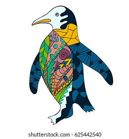 Hand drawn colorful zentangle Penguin. Ornamental pattern for print and poster. Made by trace from sketch.