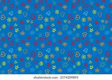 Hand drawn colorfull doodle flowers stars hearts Isolated blue background Vector seamless pattern Textiles Fabric Wallpaper Wrapping paper Children's drawings Spring summer mood Naive primitive style