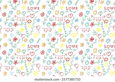 Hand drawn colorfull doodle flowers stars hearts leaves images Isolated background Vector seamless pattern Textiles Fabric Wrapping paper template Children's Spring Summer mood Naive primitive style