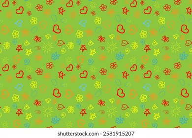 Hand drawn colorfull doodle flowers stars hearts Isolated green background Vector seamless pattern Textiles Fabric Wallpaper Wrapping paper Children's drawings Spring summer mood Naive primitive style