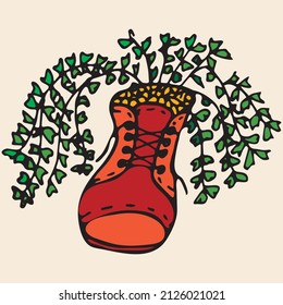 
Hand drawn  colorfull succulent  in a shoe. Outline icon in doodle style. Vector liner illustration for print, web, mobile and infographics isolated on white background.  