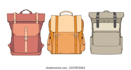 Conjunto de vectores de color dibujado a mano de mochilas. Caricatura Mochila Casual, mochila fresca colorida. Ilustración vectorial de mochilas. 
