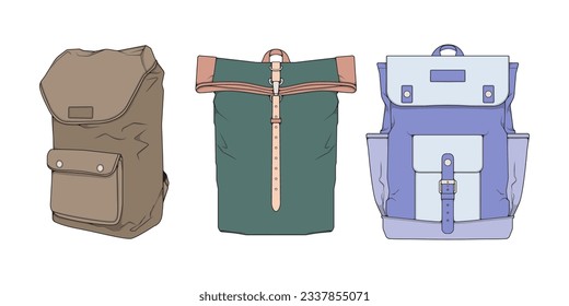 Handgezeichnete farbige Vektorgrafik-Set mit Rucksäcken. Cartoon Casual Rucksack, cooler Rucksack farbig. Rucksäcke, Vektorgrafik. 
