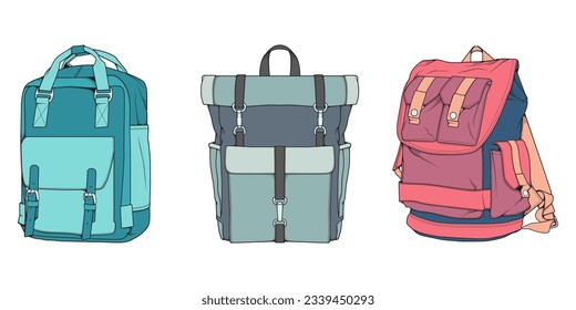 Hand drawn colorfull Vector Set of Backpacks. Cartoon Casual Backpack, cool backpack colorfull. Backpacks Vector illustration. 
