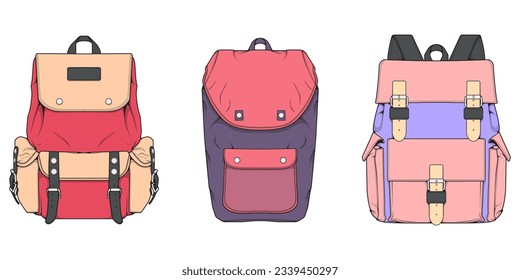 Hand drawn colorfull Vector Set of Backpacks. Cartoon Casual Backpack, cool backpack colorfull. Backpacks Vector illustration. 
