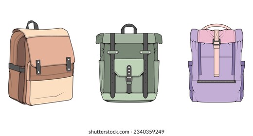 Hand drawn colorfull Vector Set of Backpacks. Cartoon Casual Backpack, cool backpack colorfull. Backpacks Vector illustration. 
