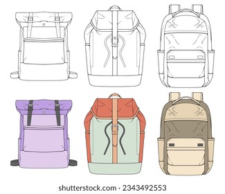 Conjunto de vectores de color dibujado a mano de mochilas. Caricatura Mochila Casual, mochila fresca colorida. Ilustración vectorial de mochilas. 
