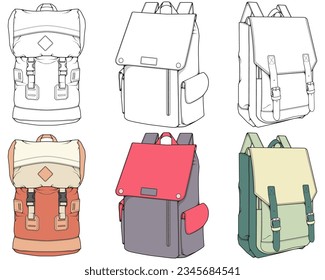 Hand drawn colorfull Vector Set of Backpacks. Cartoon Casual Backpack, cool backpack colorfull. Backpacks Vector illustration. 
