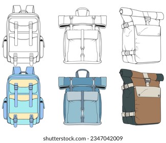 Hand drawn colorfull Vector Set of Backpacks. Cartoon Casual Backpack, cool backpack colorfull. Backpacks Vector illustration. 
