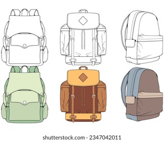 Hand drawn colorfull Vector Set of Backpacks. Cartoon Casual Backpack, cool backpack colorfull. Backpacks Vector illustration. 
