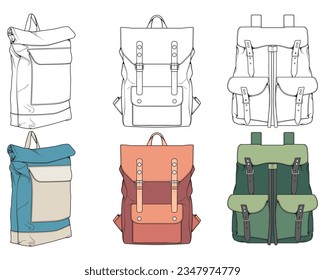 Hand drawn colorfull Vector Set of Backpacks. Cartoon Casual Backpack, cool backpack colorfull. Backpacks Vector illustration. 
