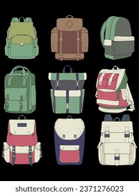 Hand drawn colorfull Vector Set of Backpacks. Cartoon Casual Backpack, cool backpack colorfull. Backpacks Vector illustration. 
