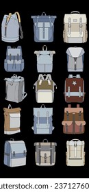 Hand drawn colorfull Vector Set of Backpacks. Cartoon Casual Backpack, cool backpack colorfull. Backpacks Vector illustration. 
