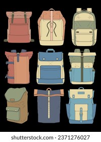 Hand drawn colorfull Vector Set of Backpacks. Cartoon Casual Backpack, cool backpack colorfull. Backpacks Vector illustration. 
