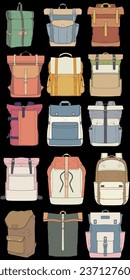 Conjunto de vectores de color dibujado a mano de mochilas. Caricatura Mochila Casual, mochila fresca colorida. Ilustración vectorial de mochilas. 
