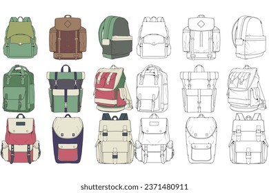 Hand drawn colorfull Vector Set of Backpacks. Cartoon Casual Backpack, cool backpack colorfull. Backpacks Vector illustration. 
