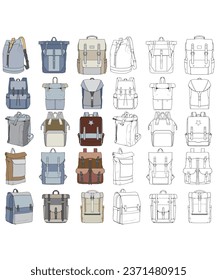 Handgezeichnete farbige Vektorgrafik-Set mit Rucksäcken. Cartoon Casual Rucksack, cooler Rucksack farbig. Rucksäcke, Vektorgrafik. 
