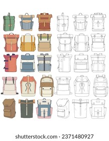 Hand drawn colorfull Vector Set of Backpacks. Cartoon Casual Backpack, cool backpack colorfull. Backpacks Vector illustration. 
