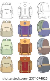 Hand drawn colorfull Vector Set of Backpacks. Cartoon Casual Backpack, cool backpack colorfull. Backpacks Vector illustration. 
