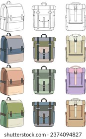 Hand drawn colorfull Vector Set of Backpacks. Cartoon Casual Backpack, cool backpack colorfull. Backpacks Vector illustration. 
