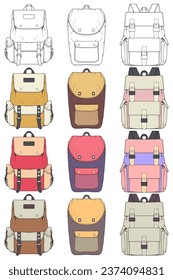 Hand drawn colorfull Vector Set of Backpacks. Cartoon Casual Backpack, cool backpack colorfull. Backpacks Vector illustration. 
