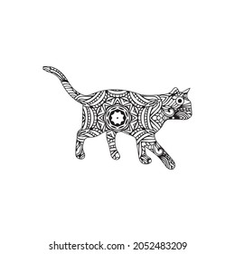 Hand drawn coloring book for adult. Cat vector illustration decorated with abstract ornamental drawings.
