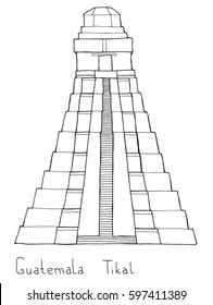 Hand drawn coloring book architecture sketch illustration of Guatemala Tikal Mayan pyramid with lettering vector