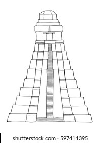 Hand drawn coloring book architecture sketch illustration of Guatemala Tikal Mayan pyramid vector