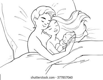 Hand drawn coloring book cartoon illustration of two young parents mother and father hugging their new born baby