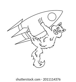 A hand drawn coloring book of a cat flying in space on a rocket. Vector outline illustration for kids, kindergarten, nursery, book, banner, poster.