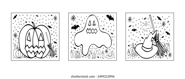 Hand drawn coloring book 'halloween'. Vector illustration. EPS 10