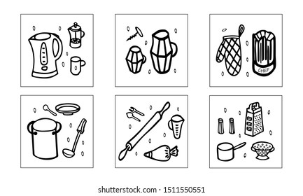 Hand drawn coloring book 'kitchen tools'. Vector illustration. EPS 10