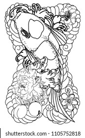 Hand drawn and coloring book koi fish.Traditional Japanese carp with peony flower and peach blossom on water splash background.line art Koi fish tattoo design.