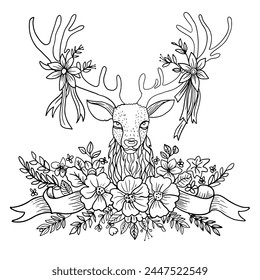 Handgezeichnete Malbuchseite. Hochsommerlicher schwedischer Feiertag: Hirschkopf mit Geweih, verschlungen mit Bändern und Blumen.