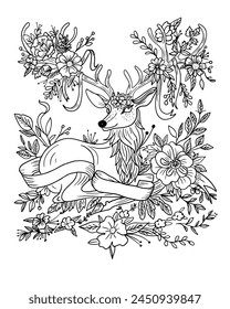 Hand drawn coloring book page. Midsummer swedish holiday. Deer with antlers entwined with ribbons and flowers.