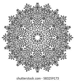 Hand drawn Coloring Book Page for Older Children and Adult Colorists. Round Ornate Vector Illustration. Black and White Pattern. Mandala Ornament. Abstract Original Zendala. Ornamental Lacy Background