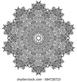 Hand drawn Coloring Book Page for Older Children and Adult Colorists. Round Ornate Vector Illustration. Black and White Pattern. Mandala Ornament. Abstract Original Zendala. Ornamental Lacy Background