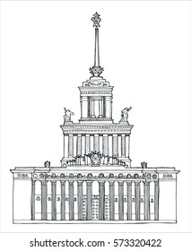 Hand drawn coloring book sketch architecture illustration of ENEA central pavilion Moscow Russia vector