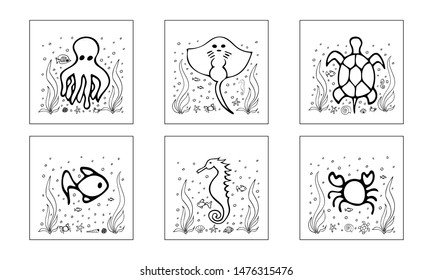 Hand drawn coloring book 'under the sea'. Underwater world. Vector illustration. EPS 10