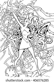 Hand drawn coloring book zodiac illustration of a beautiful elegant capricorn lady