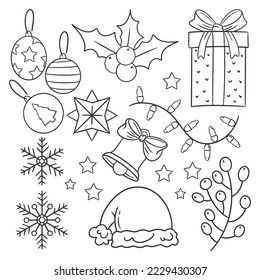 Hand drawn coloring christmas decoration element set