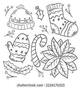 Hand drawn coloring Christmas elements icons