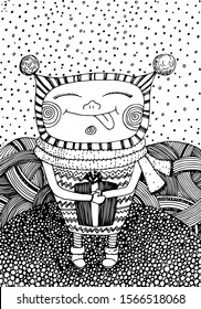 Hand drawn Coloring illustration with cute kid and snow for adult anti stress Coloring books with high details isolated on white background. Vector monochrome sketch
