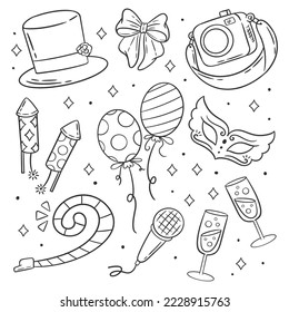 Hand drawn coloring new year party element set of