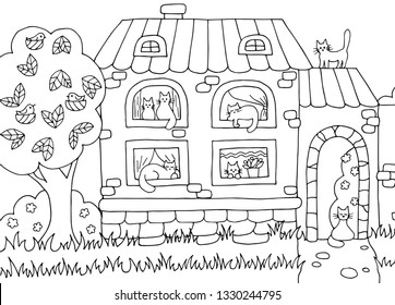 Hand drawn coloring page for adults and children with a house and many cats