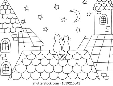 Hand drawn coloring page for adults and children with a cats on the roof at night under the moon