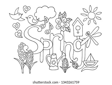 Hand Drawn Coloring Page For Adults And Children On Spring Theme: Flowers, Birds, Birdhouse, Watering Can, Sun, Dragonfly, Boat, Hearts, Music