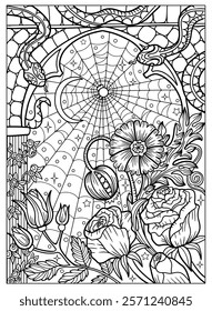 Hand drawn coloring page with beautiful flowers of poppy and rose, snakes and spider web. Mystic spiritual nature. Vector black and white line art illustration